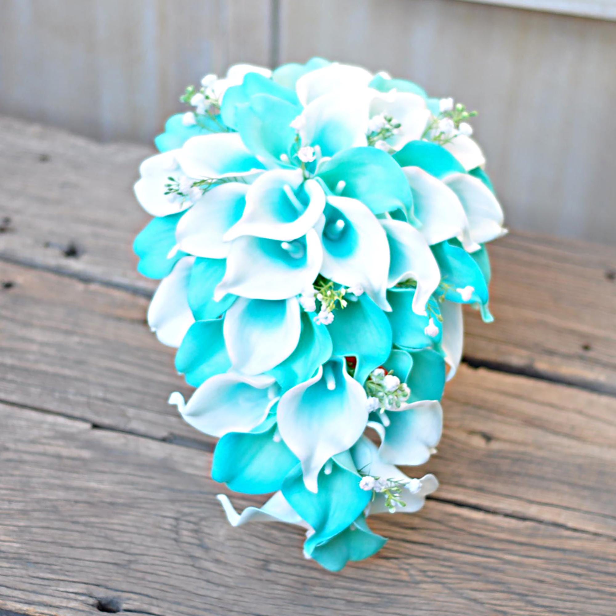 Cascade Robin's Egg Blue Turquoise Calla Lily Bridal Bouquet, Beach Wedding Swag