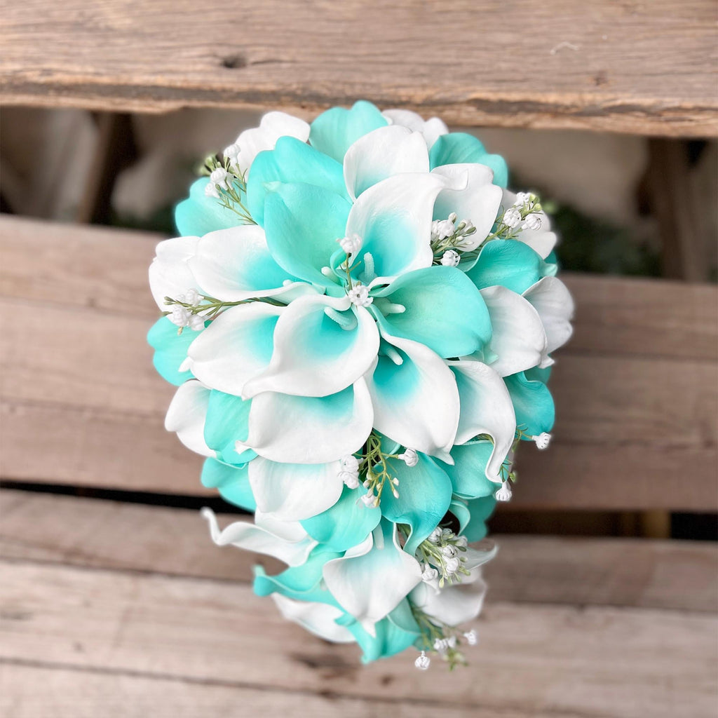 Cascade Robin's Egg Blue Turquoise Calla Lily Bridal Bouquet, Beach Wedding Swag