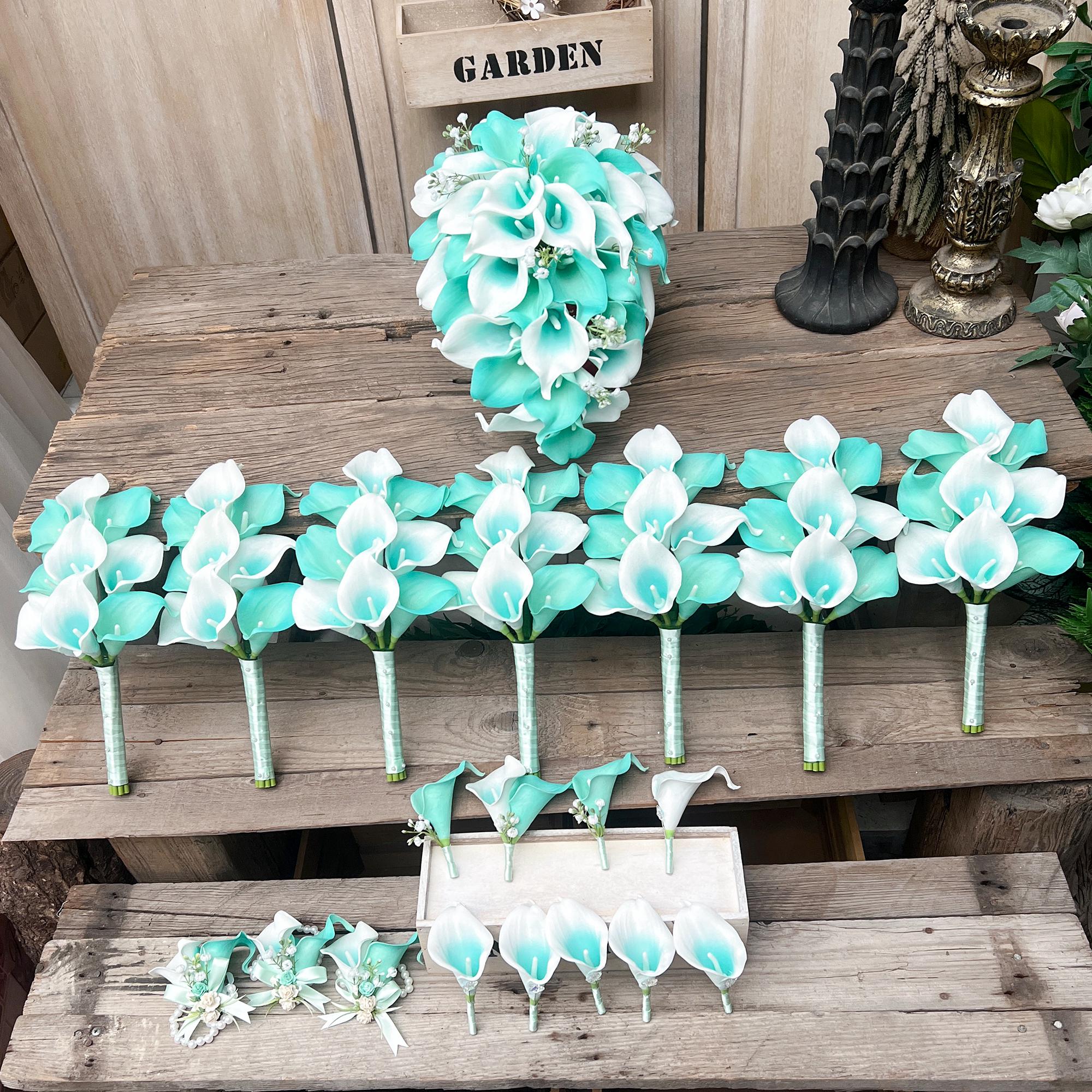 Cascade Robin's Egg Blue Turquoise Calla Lily Bridal Bouquet, Beach Wedding Swag