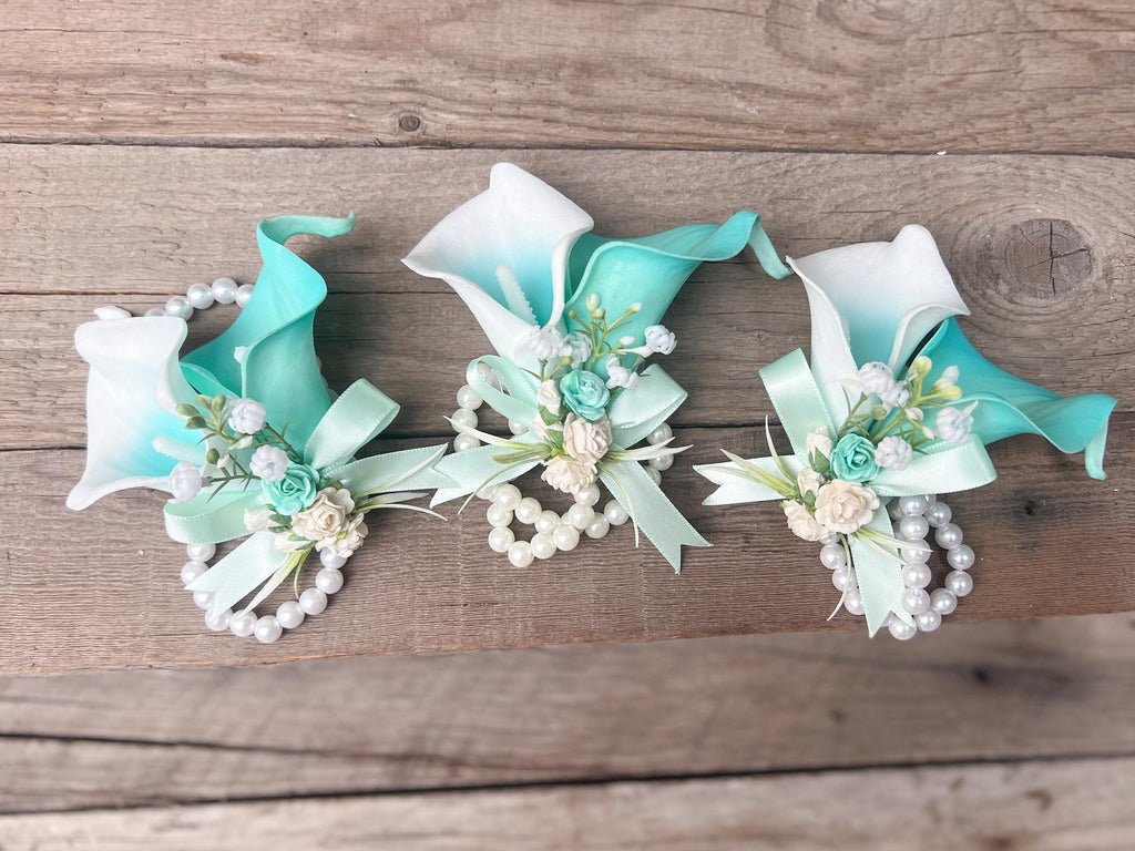 Cascade Robin's Egg Blue Turquoise Calla Lily Bridal Bouquet, Beach Wedding Swag