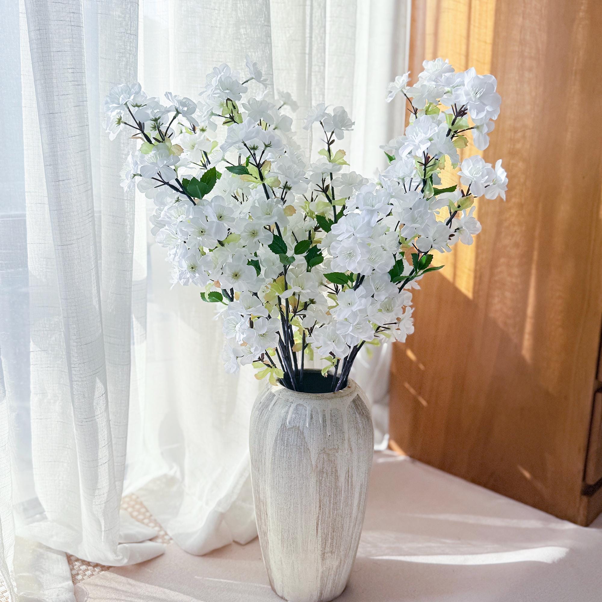 25" Spring Faux White Sakura Branch, Realistic Cherry Blossom Stems for Wedding Decor, Home Styling, Event Arrangements