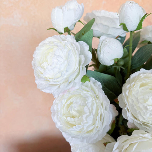 25" Cream White Double Peony, Triple Stem Realistic Faux Flower for Beach Wedding Decor, Healing Aesthetic Home Cafe Styling Event Floral