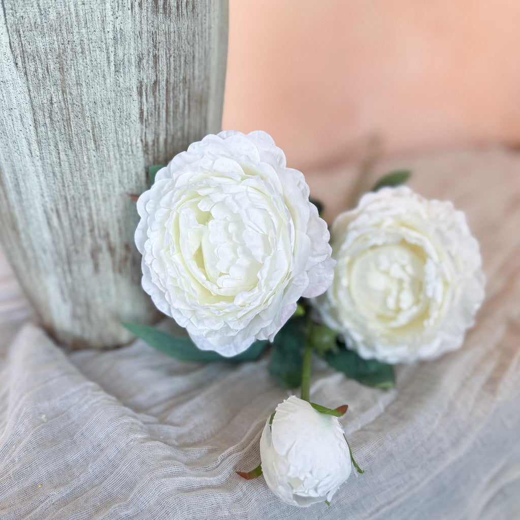 25" Cream White Double Peony, Triple Stem Realistic Faux Flower for Beach Wedding Decor, Healing Aesthetic Home Cafe Styling Event Floral