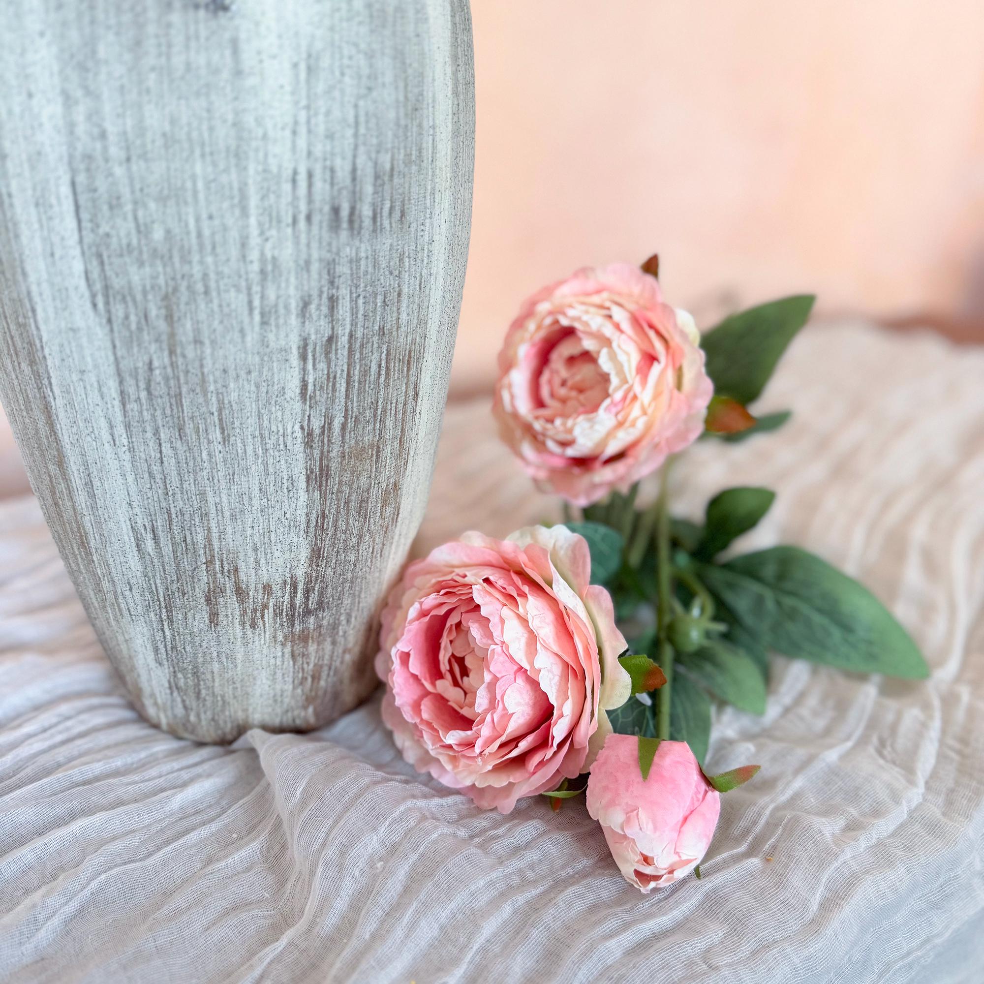 25" Vintage Burnt Edge Autumn Pink Double Peony, Triple Stem Retro Healing Aesthetic Faux Peony Austin Rose Wedding Bouquet, Home Soft Decor