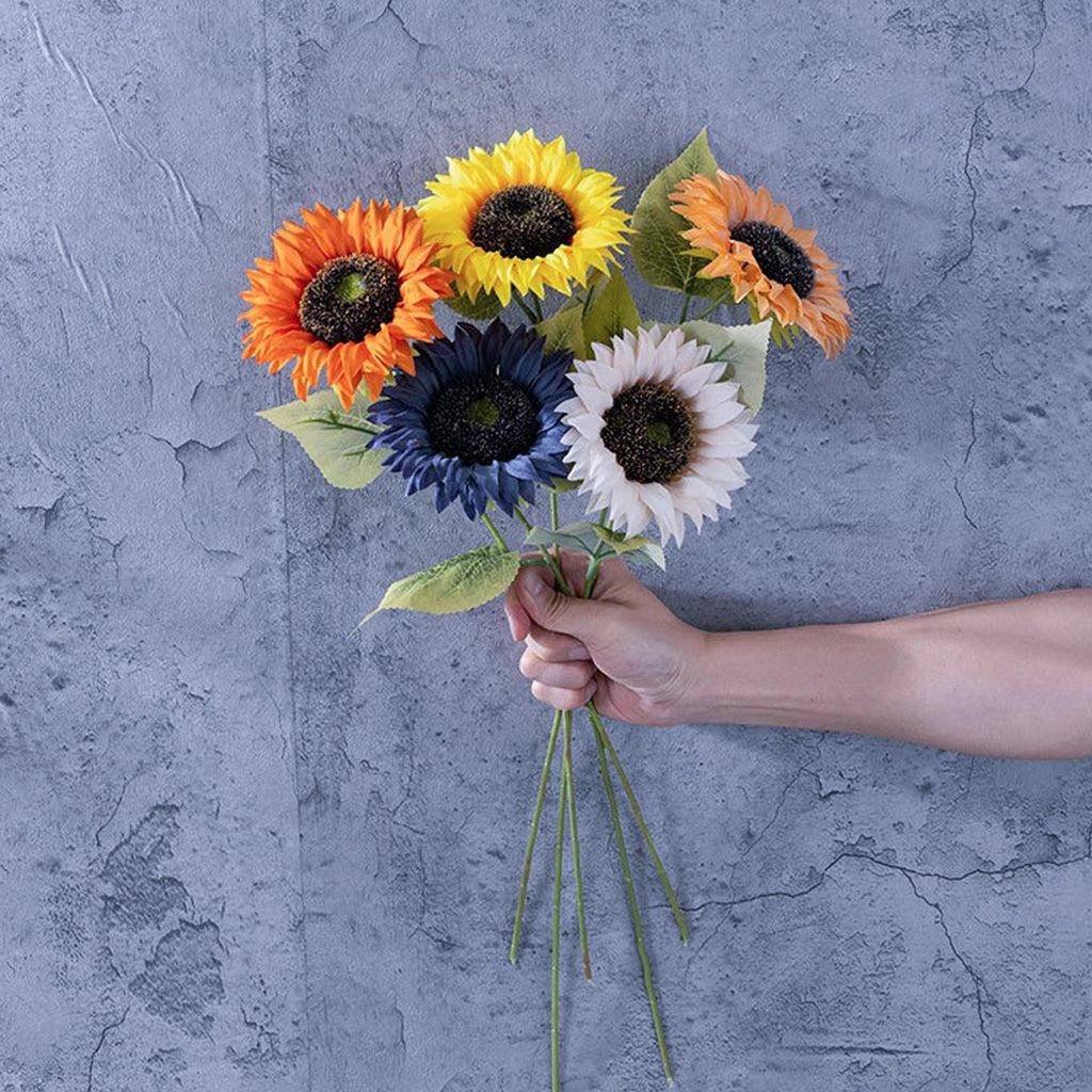 15" Faux Sunflower Stem Pick, Single Head Artificial Sunflower in Navy Yellow Orange Champagne, DIY Floral Craft, Farmhouse Decor Gift