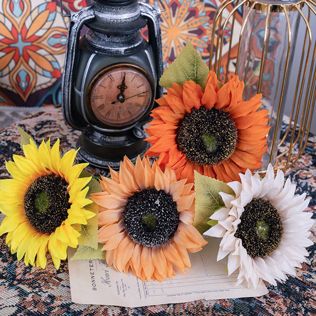 15" Faux Sunflower Stem Pick, Single Head Artificial Sunflower in Navy Yellow Orange Champagne, DIY Floral Craft, Farmhouse Decor Gift