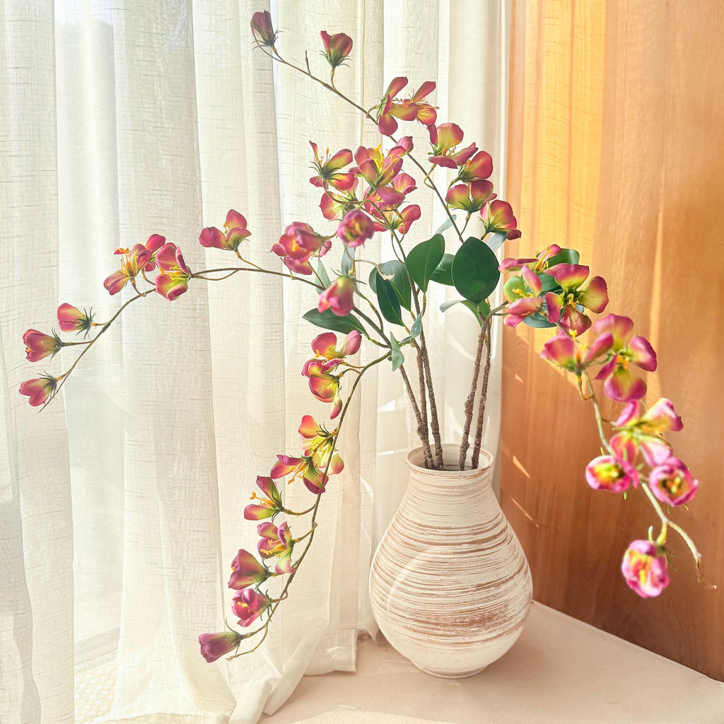 17" Faux Rose Red Long Stem Flowering Branch, Artificial Silk Blossom Branch for Vase Styling, Sculptural Statement Floral Home Decor