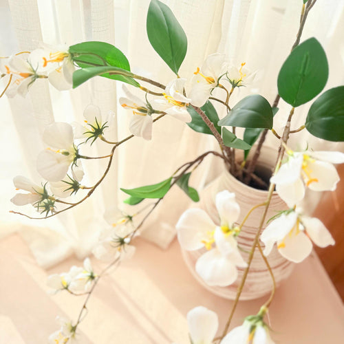 17" Faux White Long Stem Flowering Branch, Artificial Silk Blossom for Vase Styling, Sculptural Minimalist Home Decor for Wedding & Events