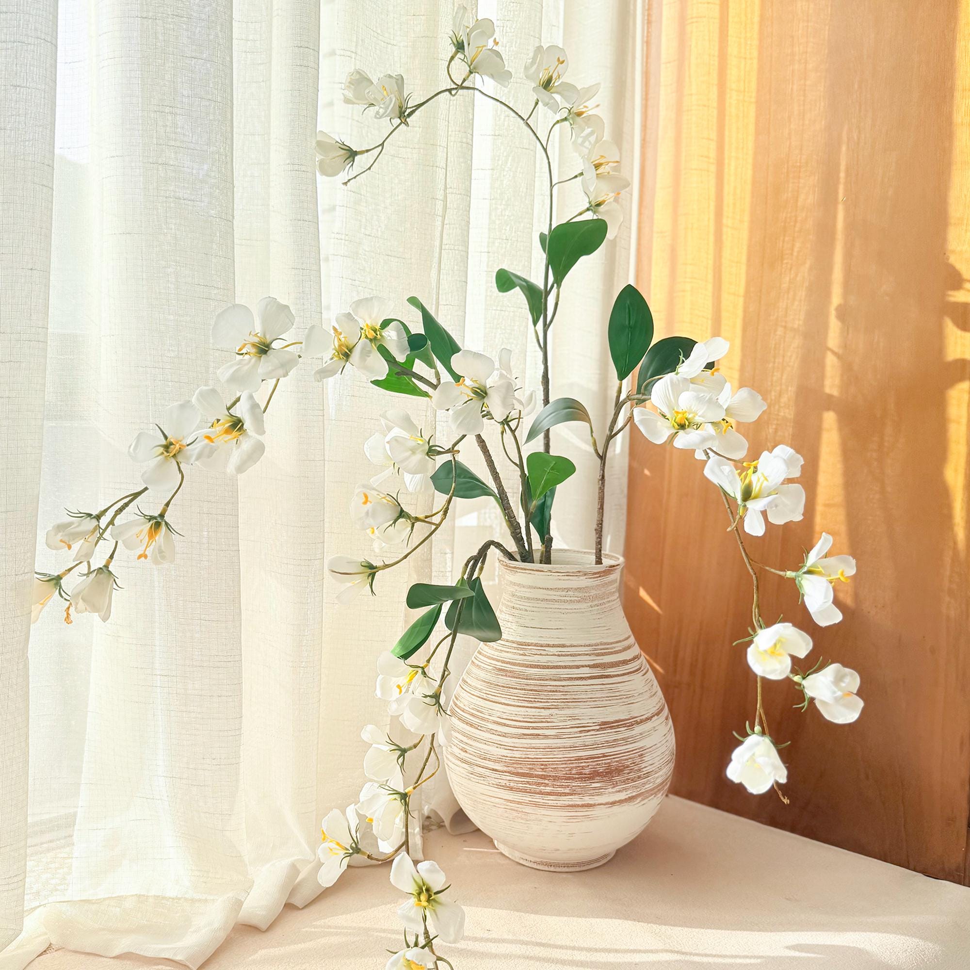 17" Faux White Long Stem Flowering Branch, Artificial Silk Blossom for Vase Styling, Sculptural Minimalist Home Decor for Wedding & Events