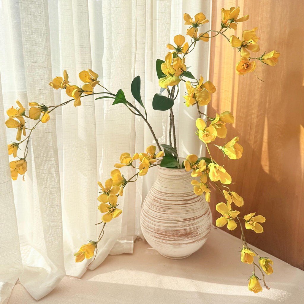 17" Faux White Long Stem Flowering Branch, Artificial Silk Blossom for Vase Styling, Sculptural Minimalist Home Decor for Wedding & Events