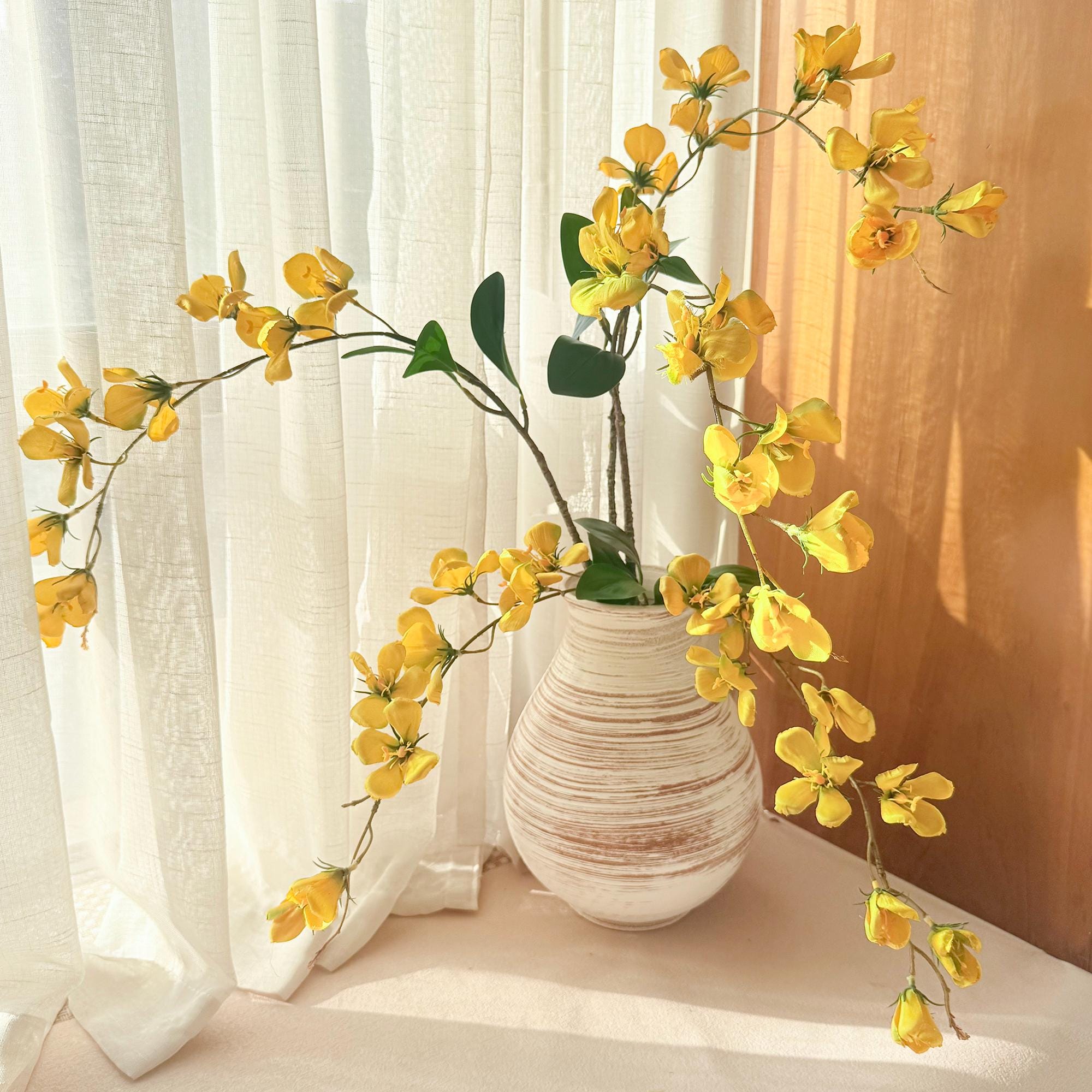 17" Faux White Long Stem Flowering Branch, Artificial Silk Blossom for Vase Styling, Sculptural Minimalist Home Decor for Wedding & Events