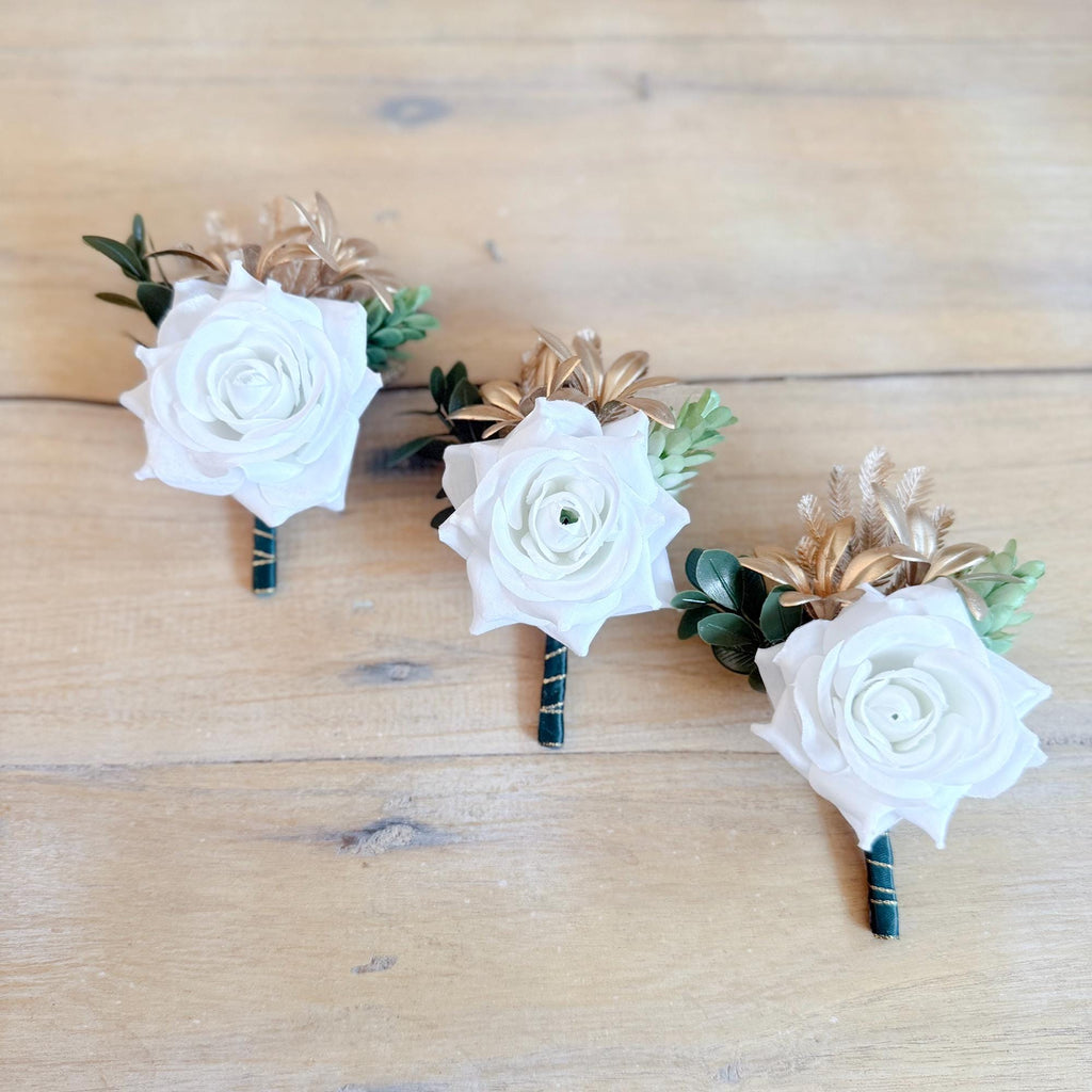 Tropical Gold Palm White Rose Boutonniere Corsage, Beach Wedding Groomsmen, Boho Groom Prom Flower, Father Best Man Accessory, Mom Corsage
