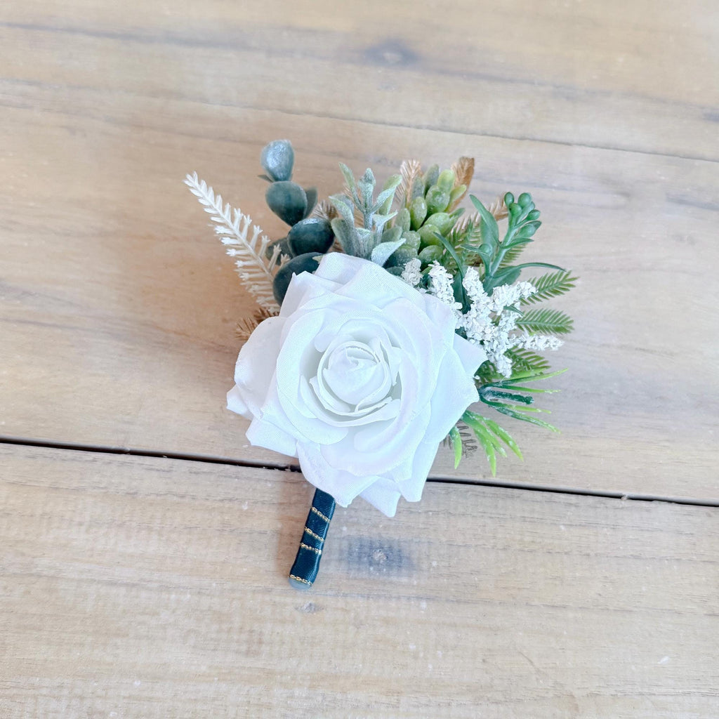 Tropical Gold Palm White Rose Boutonniere Corsage, Beach Wedding Groomsmen, Boho Groom Prom Flower, Father Best Man Accessory, Mom Corsage