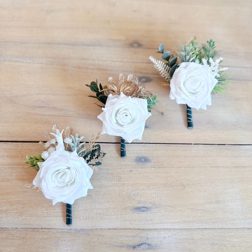 Tropical Gold Palm White Rose Boutonniere Corsage, Beach Wedding Groomsmen, Boho Groom Prom Flower, Father Best Man Accessory, Mom Corsage