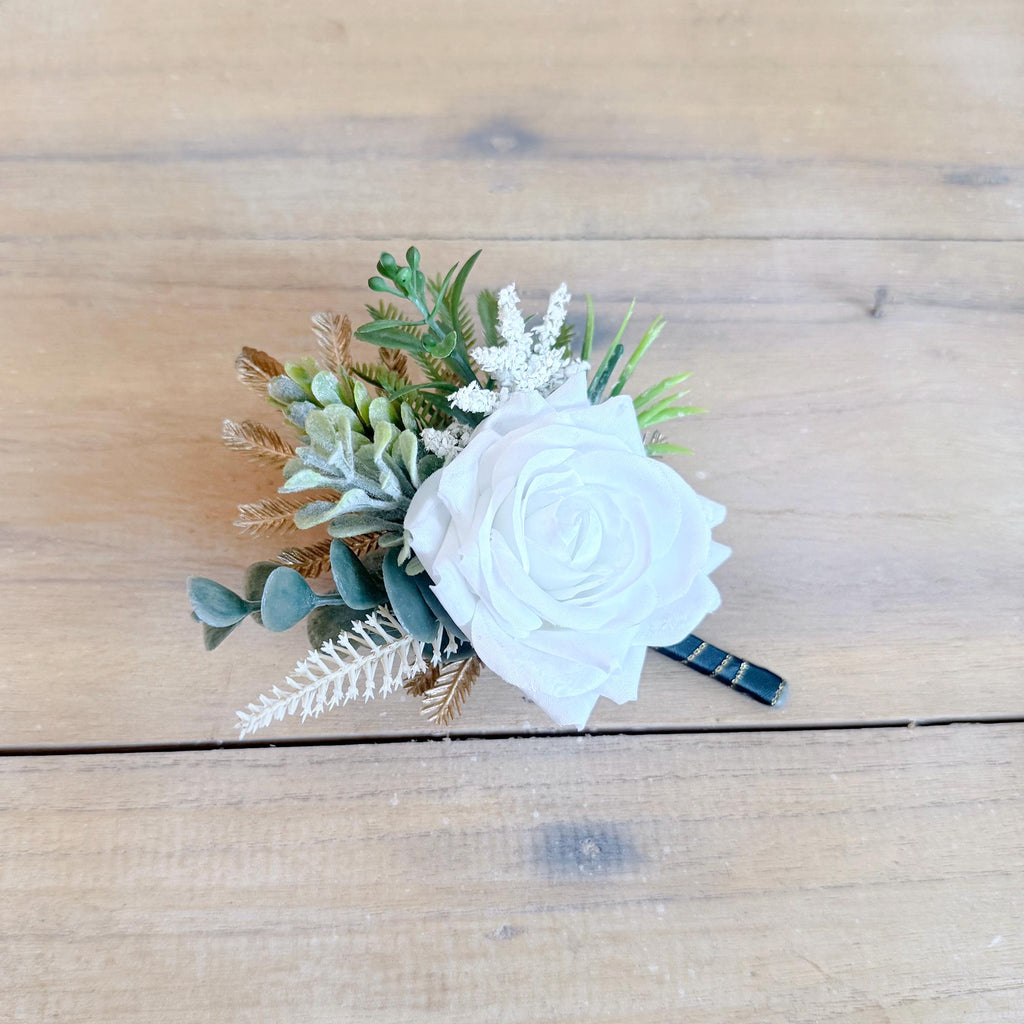 Tropical Gold Palm White Rose Boutonniere Corsage, Beach Wedding Groomsmen, Boho Groom Prom Flower, Father Best Man Accessory, Mom Corsage