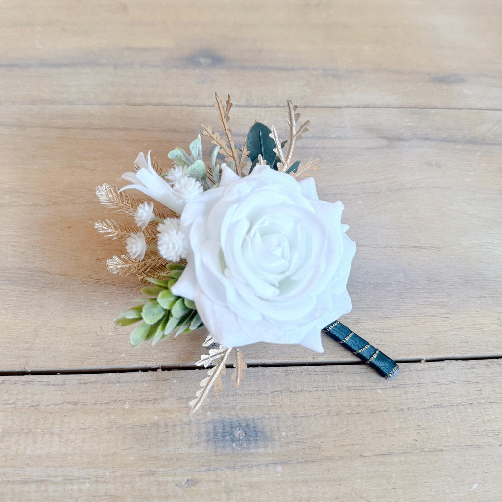 Tropical Gold Palm White Rose Boutonniere Corsage, Beach Wedding Groomsmen, Boho Groom Prom Flower, Father Best Man Accessory, Mom Corsage