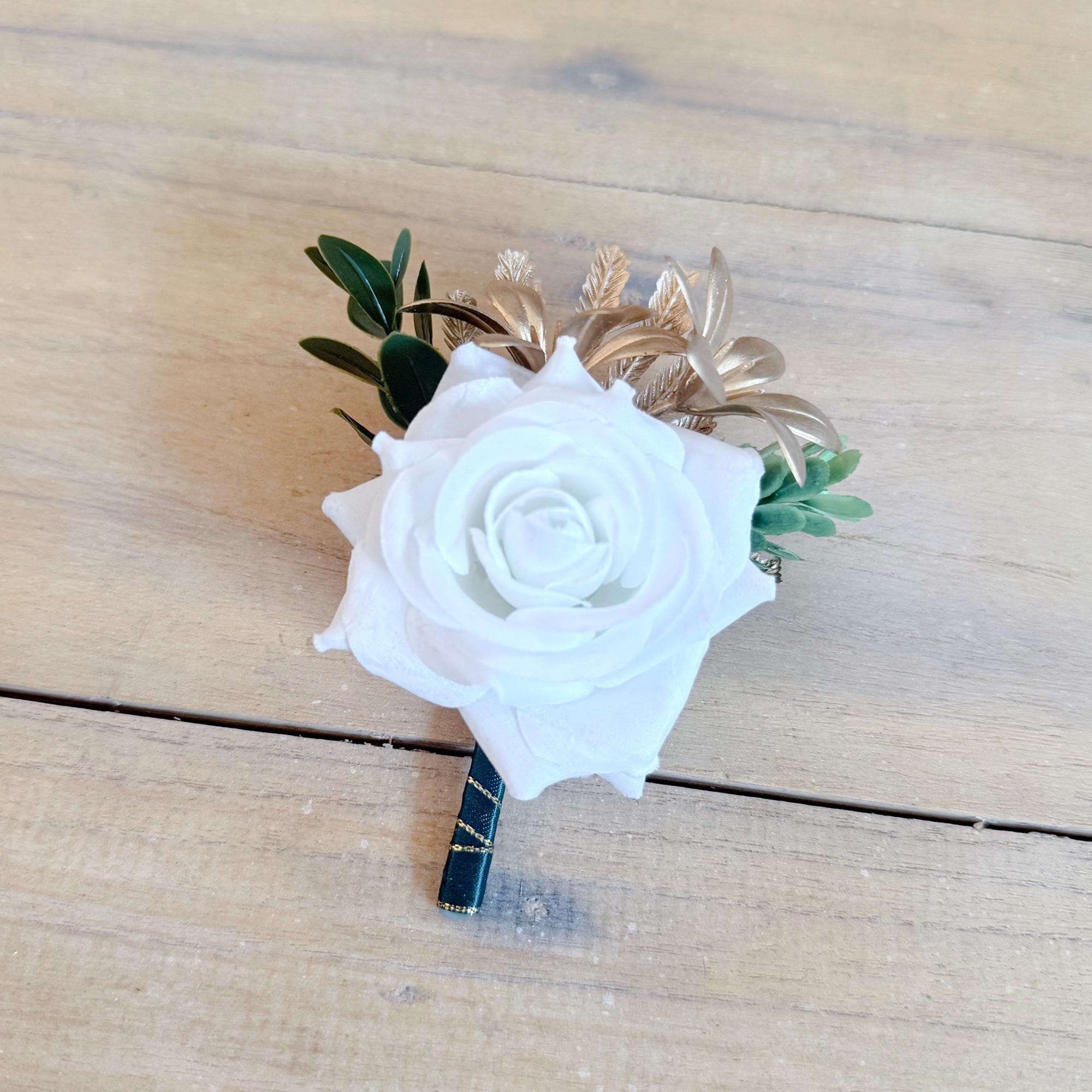 Tropical Gold Palm White Rose Corsage, Pearl Wristlet Bridesmaid Bracelet, Sage Green Beach Wedding Prom Flower, Matching Boutonniere