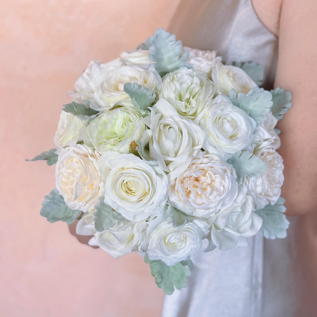 Ivory Champagne Peony Rose Bridal Bouquet, White Ranunculus Wedding Flowers, Dusty Miller Elegant Garden Style Bridesmaid Bouquet