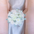Ivory Champagne Peony Rose Bridal Bouquet, White Ranunculus Wedding Flowers, Dusty Miller Elegant Garden Style Bridesmaid Bouquet