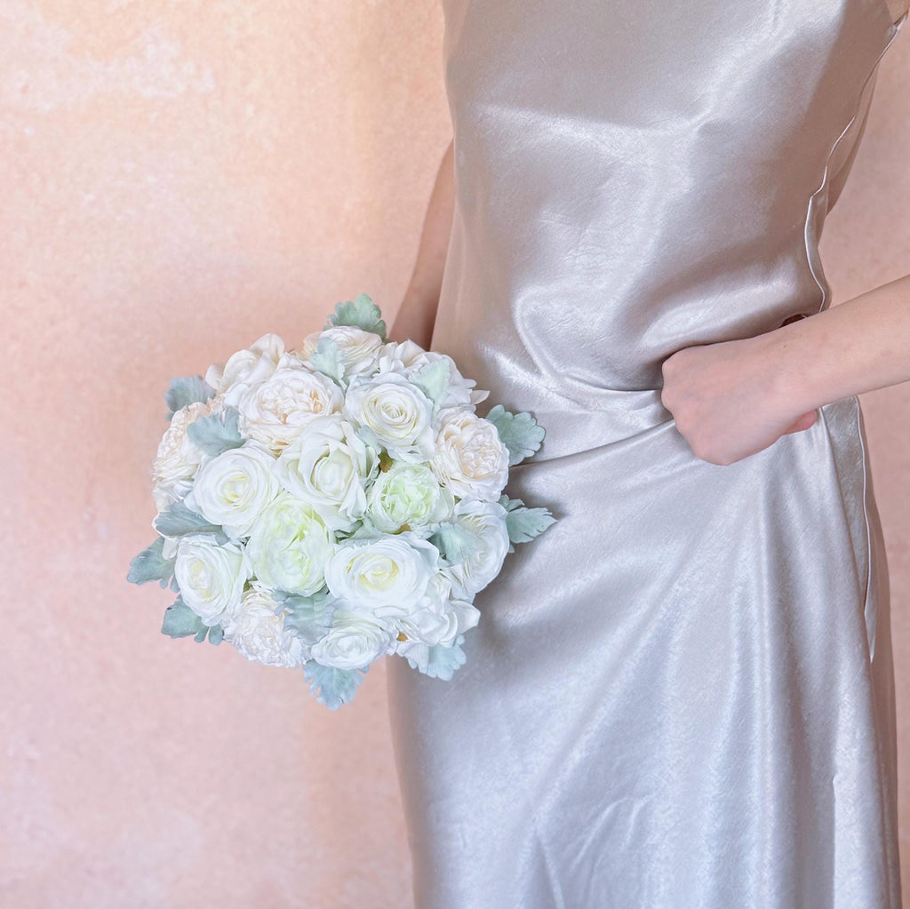 Ivory Champagne Peony Rose Bridal Bouquet, White Ranunculus Wedding Flowers, Dusty Miller Elegant Garden Style Bridesmaid Bouquet