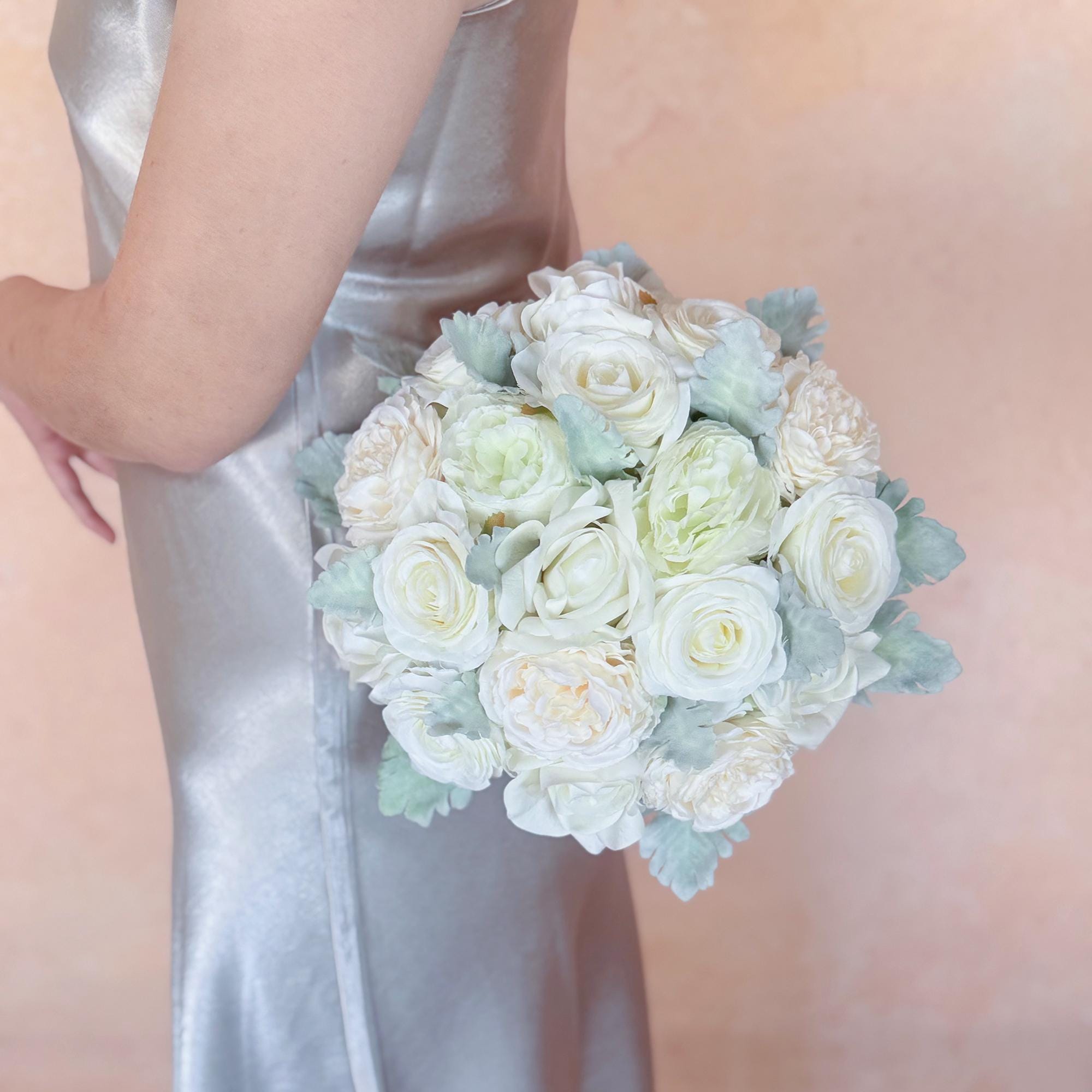 Ivory Champagne Peony Rose Bridal Bouquet, White Ranunculus Wedding Flowers, Dusty Miller Elegant Garden Style Bridesmaid Bouquet