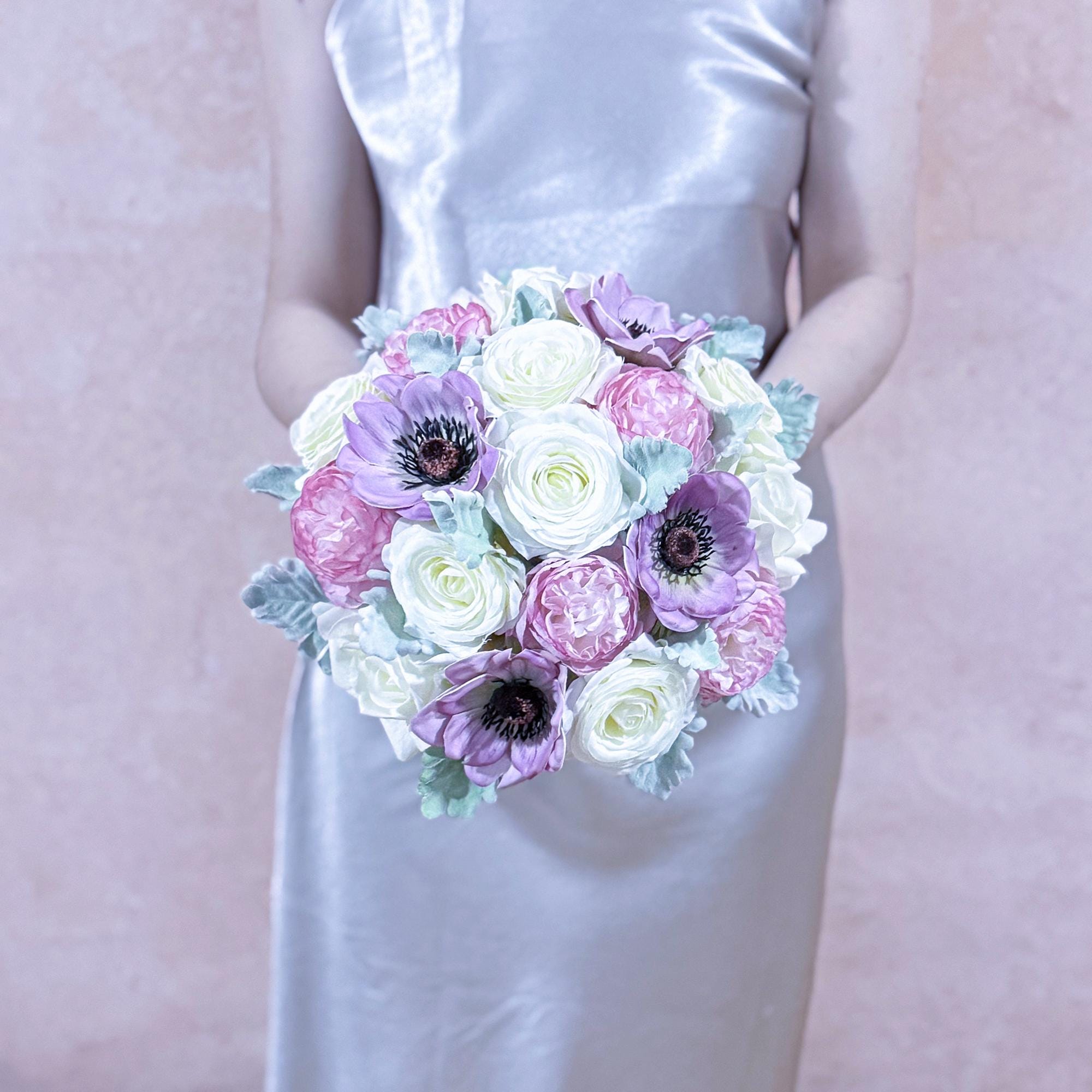 Dusty Lilac Anemone Bridal Bouquet, Blush Pink Ivory Rose Wedding Flowers, Muted Vintage Boho Garden Bridesmaid Bouquet Wedding Gift