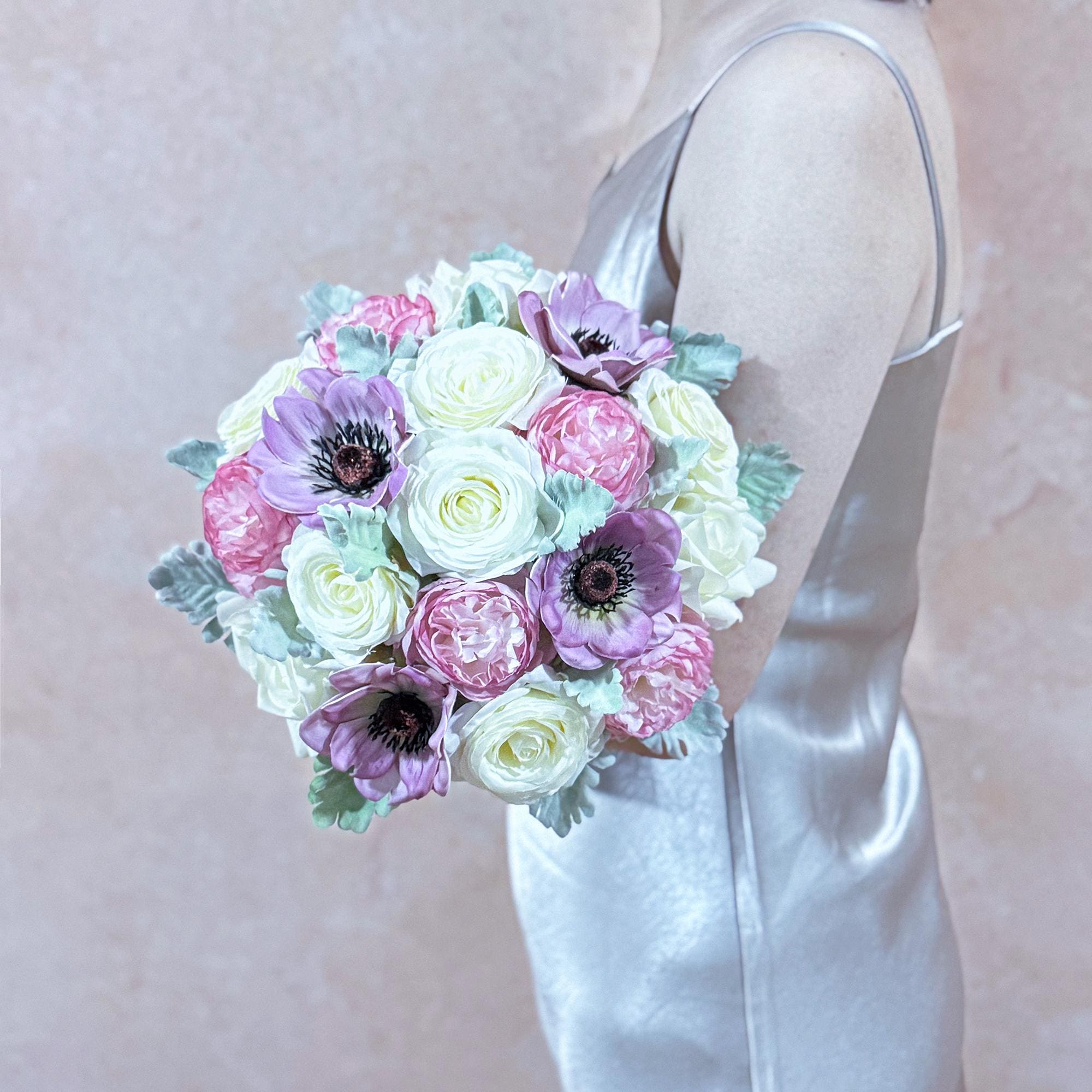 Dusty Lilac Anemone Bridal Bouquet, Blush Pink Ivory Rose Wedding Flowers, Muted Vintage Boho Garden Bridesmaid Bouquet Wedding Gift