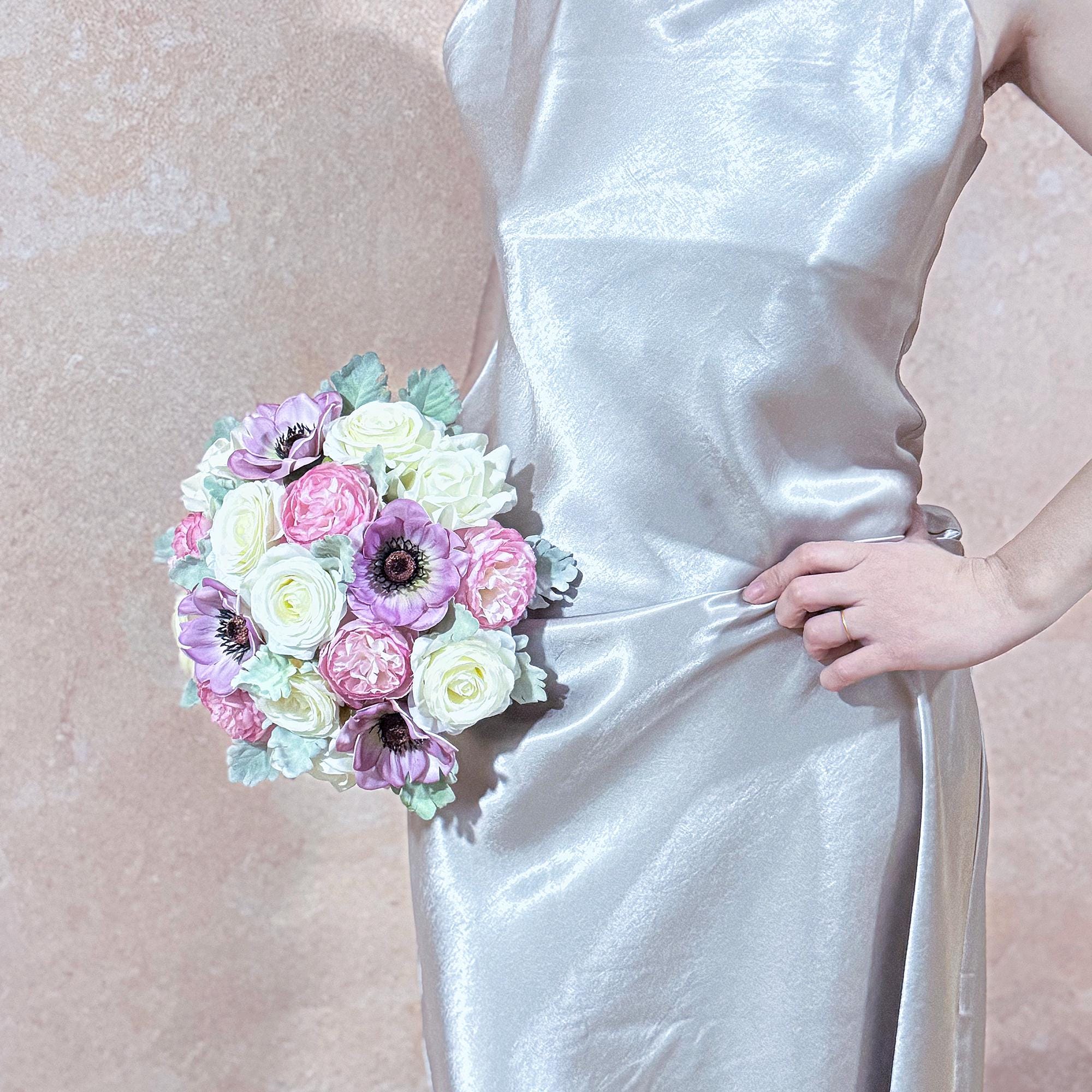 Dusty Lilac Anemone Bridal Bouquet, Blush Pink Ivory Rose Wedding Flowers, Muted Vintage Boho Garden Bridesmaid Bouquet Wedding Gift