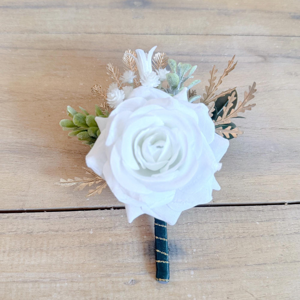 Tropical Gold Palm White Rose Boutonniere Corsage, Beach Wedding Groomsmen, Boho Groom Prom Flower, Father Best Man Accessory, Mom Corsage