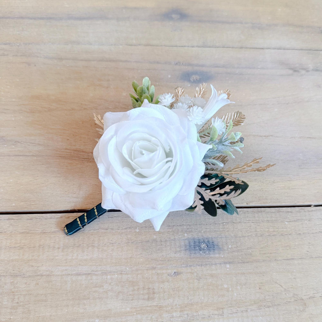 Tropical Gold Palm White Rose Boutonniere Corsage, Beach Wedding Groomsmen, Boho Groom Prom Flower, Father Best Man Accessory, Mom Corsage