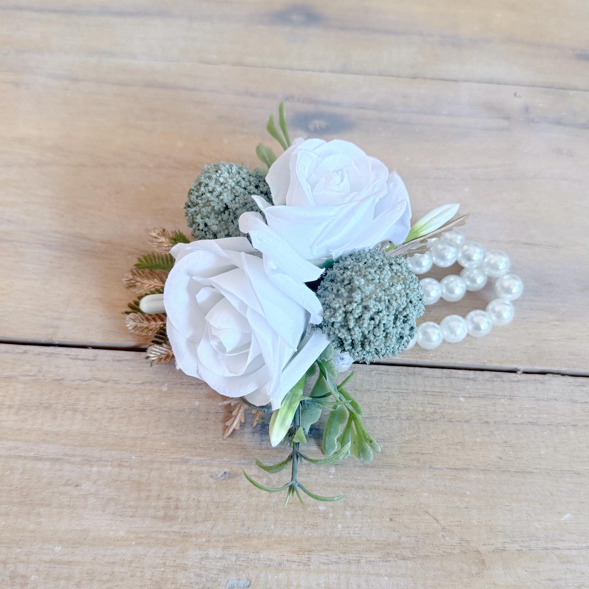 Tropical Gold Palm White Rose Corsage, Pearl Wristlet Bridesmaid Bracelet, Sage Green Beach Wedding Prom Flower, Matching Boutonniere