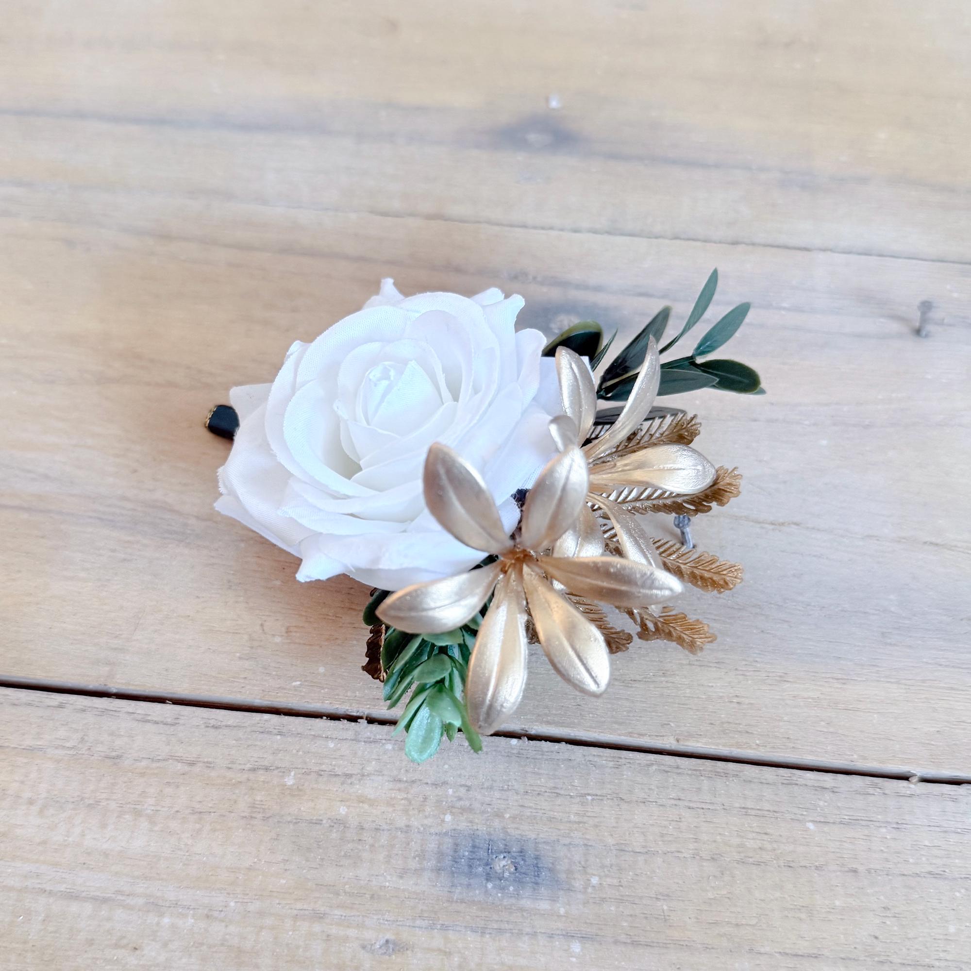 Tropical Gold Palm White Rose Corsage, Pearl Wristlet Bridesmaid Bracelet, Sage Green Beach Wedding Prom Flower, Matching Boutonniere