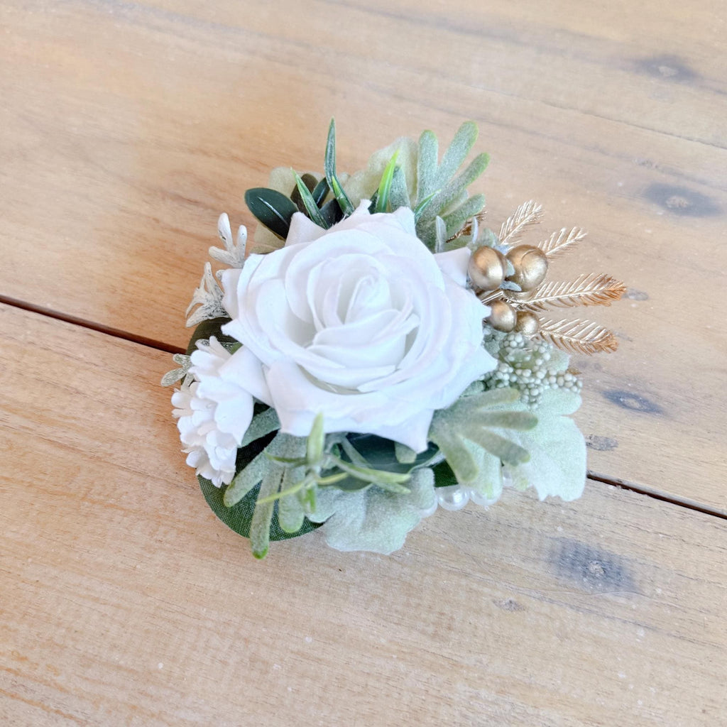 Tropical Gold Palm White Rose Corsage, Pearl Wristlet Bridesmaid Bracelet, Sage Green Beach Wedding Prom Flower, Matching Boutonniere