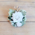 Tropical Gold Palm White Rose Corsage, Pearl Wristlet Bridesmaid Bracelet, Sage Green Beach Wedding Prom Flower, Matching Boutonniere