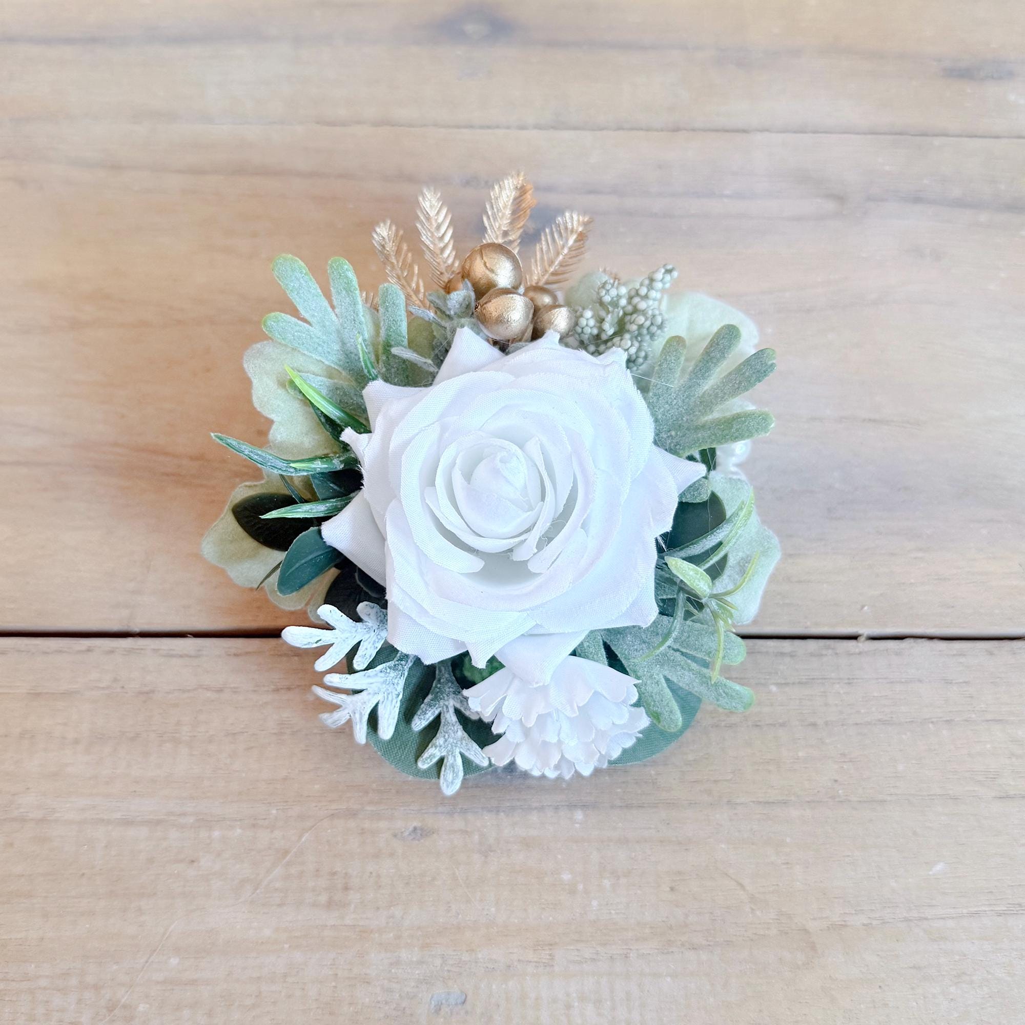 Tropical Gold Palm White Rose Corsage, Pearl Wristlet Bridesmaid Bracelet, Sage Green Beach Wedding Prom Flower, Matching Boutonniere