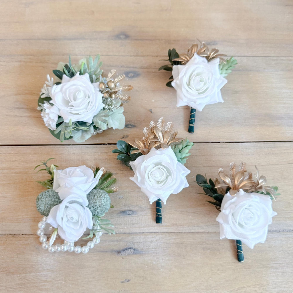 Tropical Gold Palm White Rose Corsage, Pearl Wristlet Bridesmaid Bracelet, Sage Green Beach Wedding Prom Flower, Matching Boutonniere