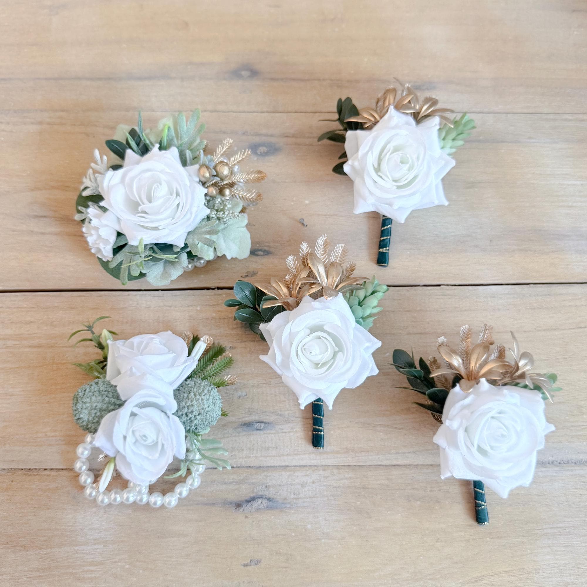 Tropical Gold Palm White Rose Corsage, Pearl Wristlet Bridesmaid Bracelet, Sage Green Beach Wedding Prom Flower, Matching Boutonniere