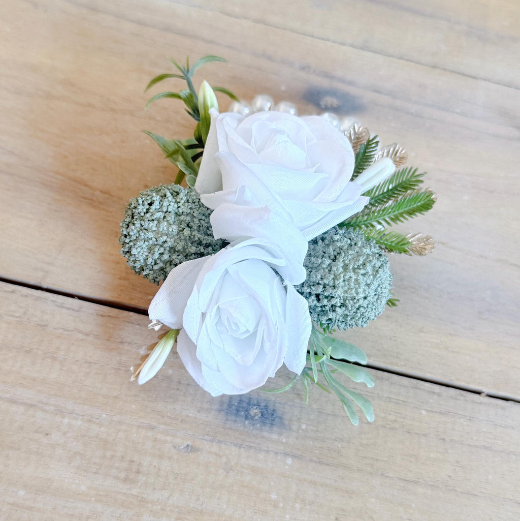 Tropical Gold Palm White Rose Corsage, Pearl Wristlet Bridesmaid Bracelet, Sage Green Beach Wedding Prom Flower, Matching Boutonniere