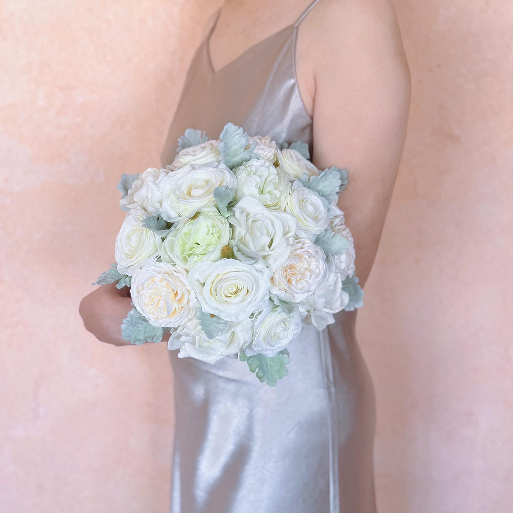 Ivory Champagne Peony Rose Bridal Bouquet, White Ranunculus Wedding Flowers, Dusty Miller Elegant Garden Style Bridesmaid Bouquet