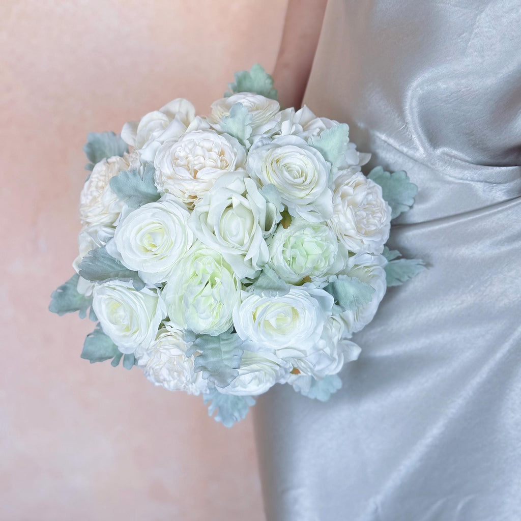 Ivory Champagne Peony Rose Bridal Bouquet, White Ranunculus Wedding Flowers, Dusty Miller Elegant Garden Style Bridesmaid Bouquet