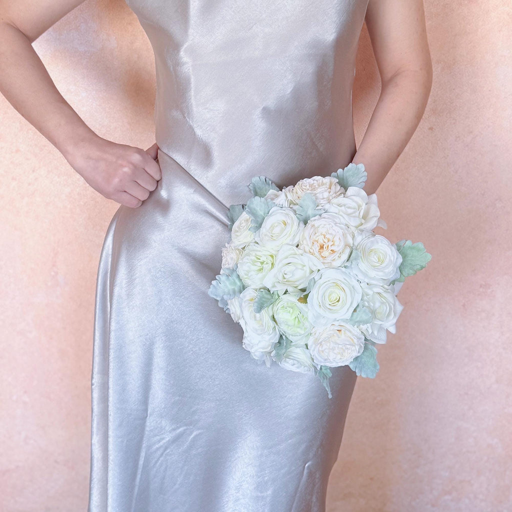 Ivory Champagne Peony Rose Bridal Bouquet, White Ranunculus Wedding Flowers, Dusty Miller Elegant Garden Style Bridesmaid Bouquet