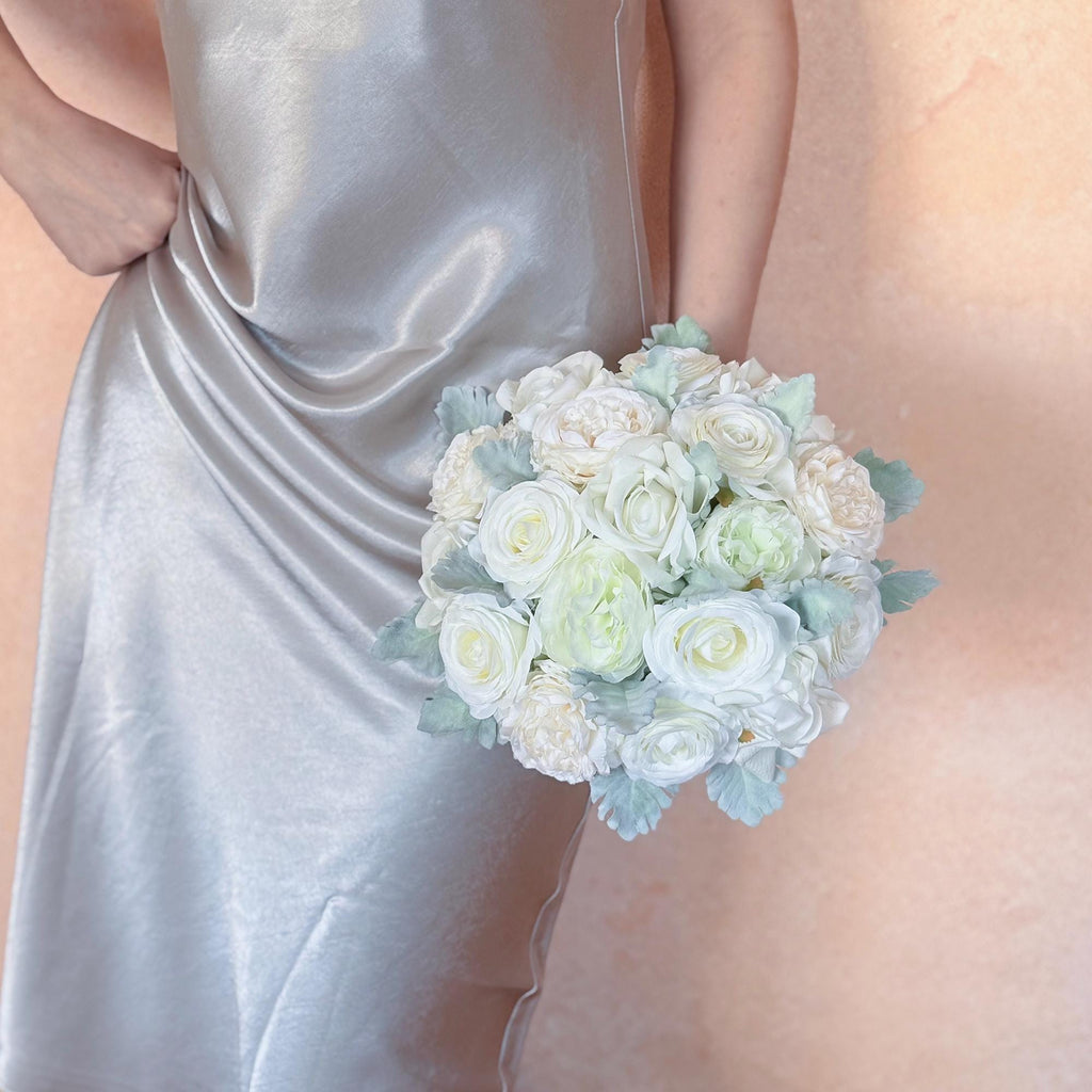 Ivory Champagne Peony Rose Bridal Bouquet, White Ranunculus Wedding Flowers, Dusty Miller Elegant Garden Style Bridesmaid Bouquet