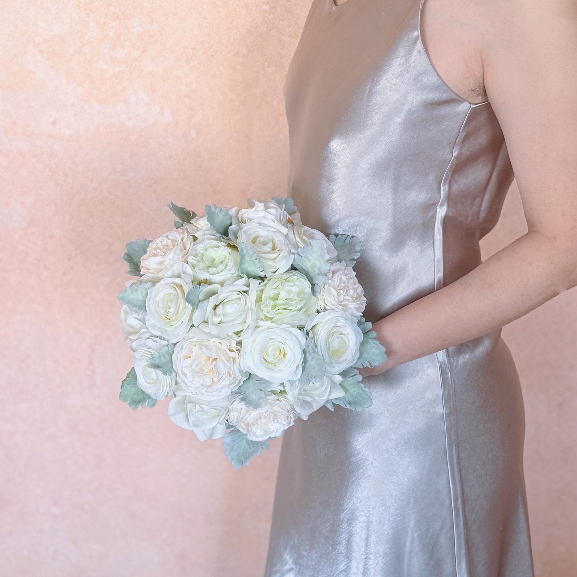 Ivory Champagne Peony Rose Bridal Bouquet, White Ranunculus Wedding Flowers, Dusty Miller Elegant Garden Style Bridesmaid Bouquet