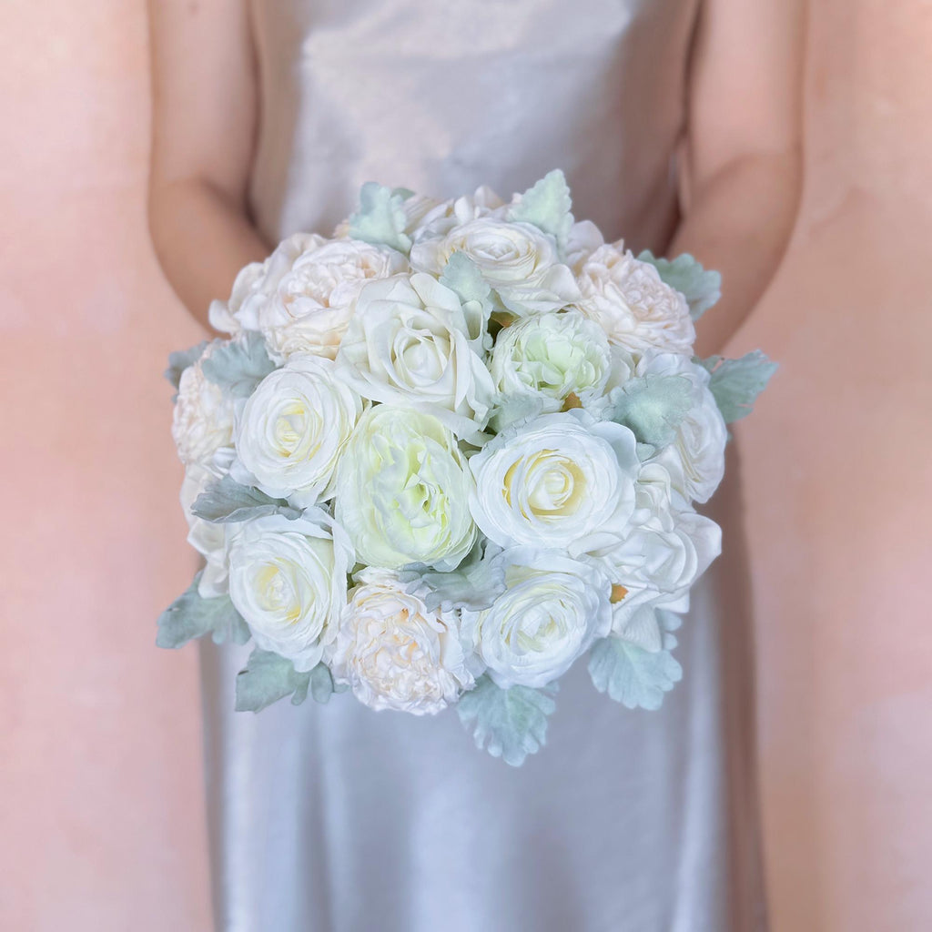 Ivory Champagne Peony Rose Bridal Bouquet, White Ranunculus Wedding Flowers, Dusty Miller Elegant Garden Style Bridesmaid Bouquet