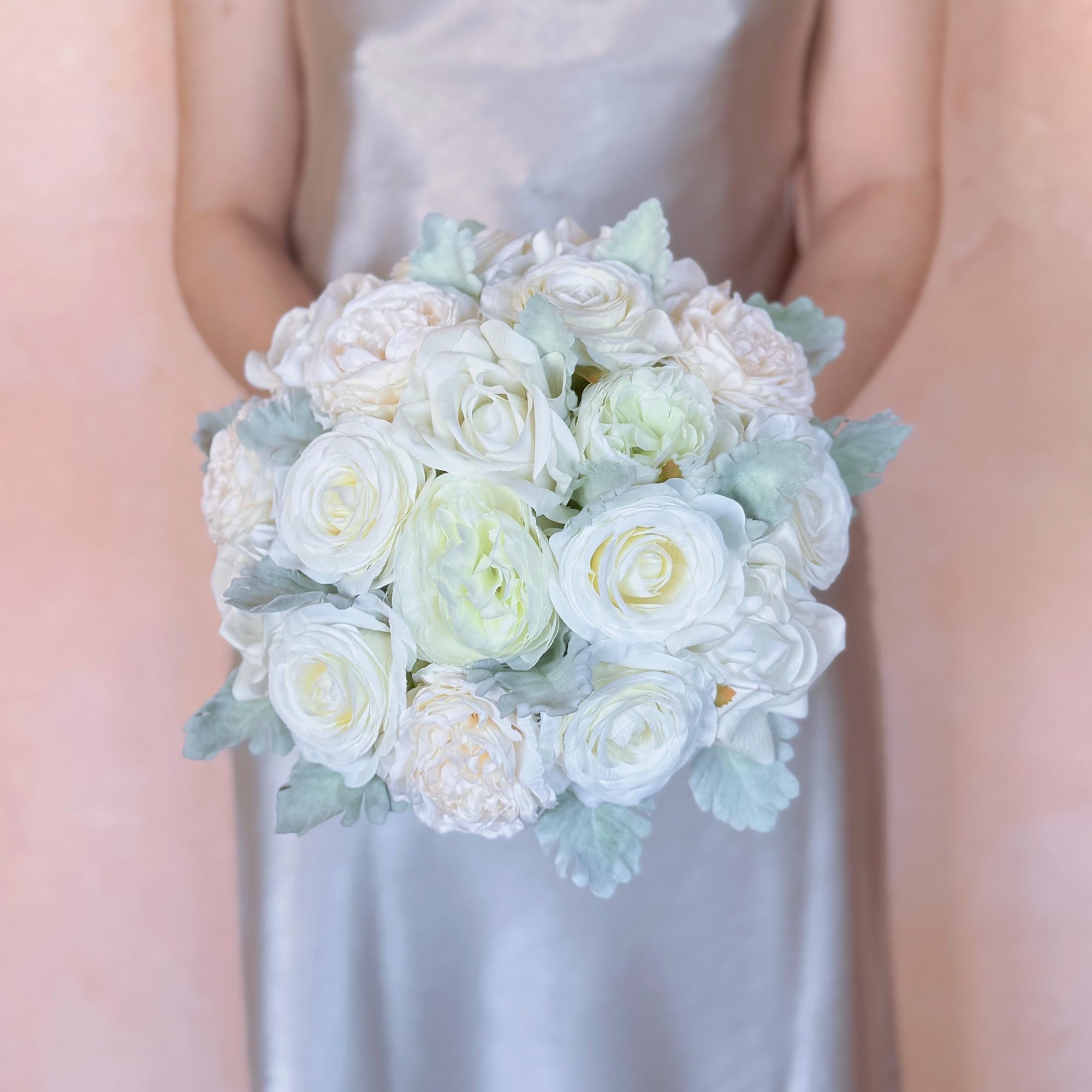 Ivory Champagne Peony Rose Bridal Bouquet, White Ranunculus Wedding Flowers, Dusty Miller Elegant Garden Style Bridesmaid Bouquet