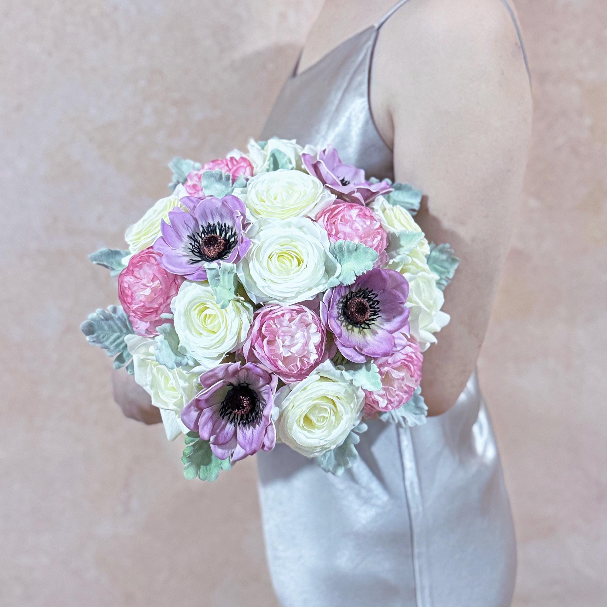 Dusty Lilac Anemone Bridal Bouquet, Blush Pink Ivory Rose Wedding Flowers, Muted Vintage Boho Garden Bridesmaid Bouquet Wedding Gift