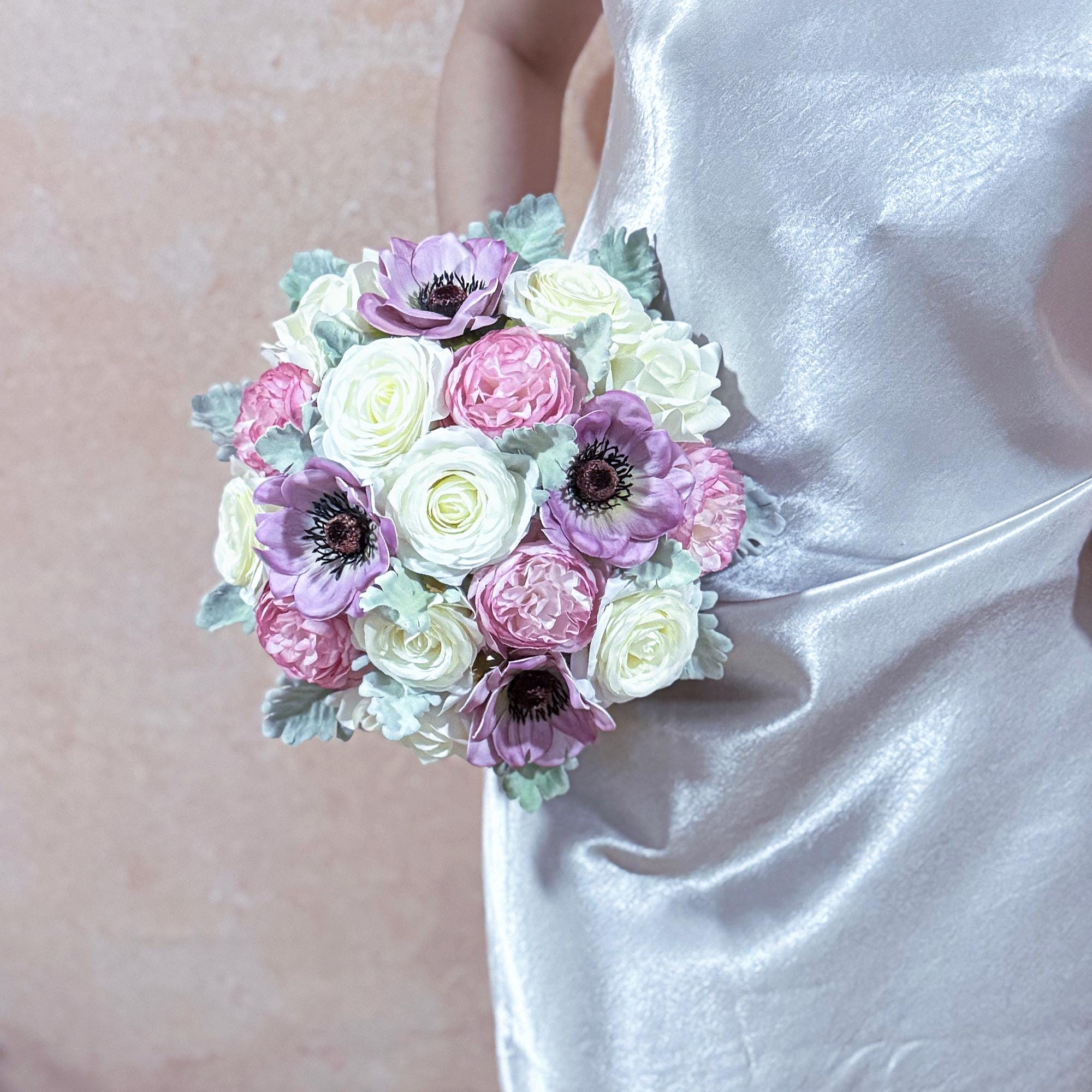 Dusty Lilac Anemone Bridal Bouquet, Blush Pink Ivory Rose Wedding Flowers, Muted Vintage Boho Garden Bridesmaid Bouquet Wedding Gift