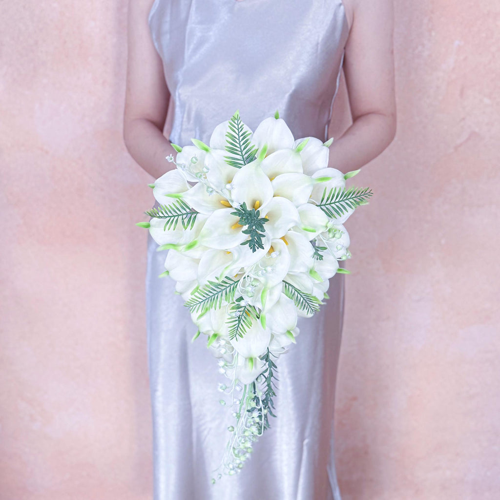 Cascade White Calla Lily Bridal Bouquet with Fern – Real Touch Green Tip Tropical Bridesmaid Bouquet,Beach Wedding Bouquet,Bridal Accessory