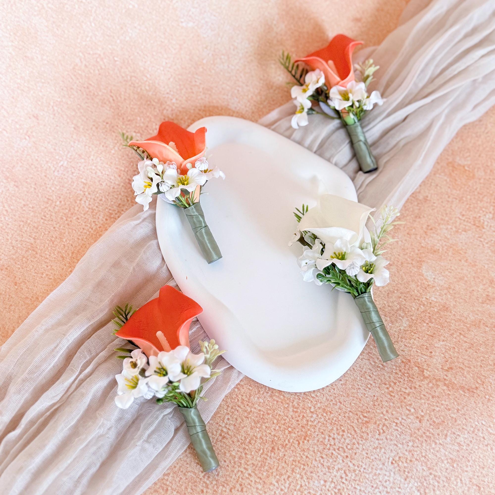 White Coral Calla Lily Boutonniere for Beach Wedding, Real touch Wedding buttonhole for Prom, Bride To be Gift, Sage Ribbon