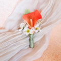 White Coral Calla Lily Boutonniere for Beach Wedding, Real touch Wedding buttonhole for Prom, Bride To be Gift, Sage Ribbon